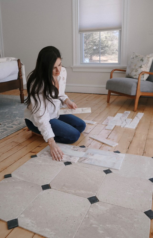 limestone octagon tile with black dot