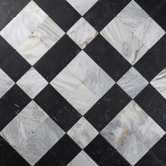 Calacatta Bluette & Nero 4"x4" Tumbled Pattern