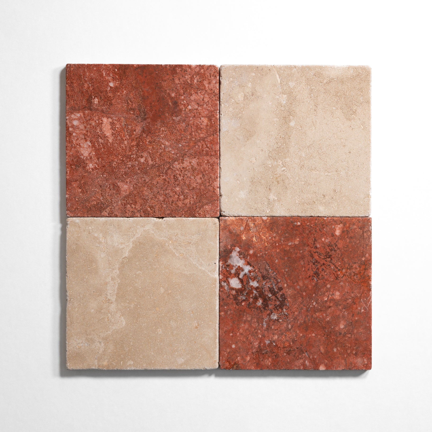 Beige and red tumbled marble checkered tile pattern in 6x6 squares