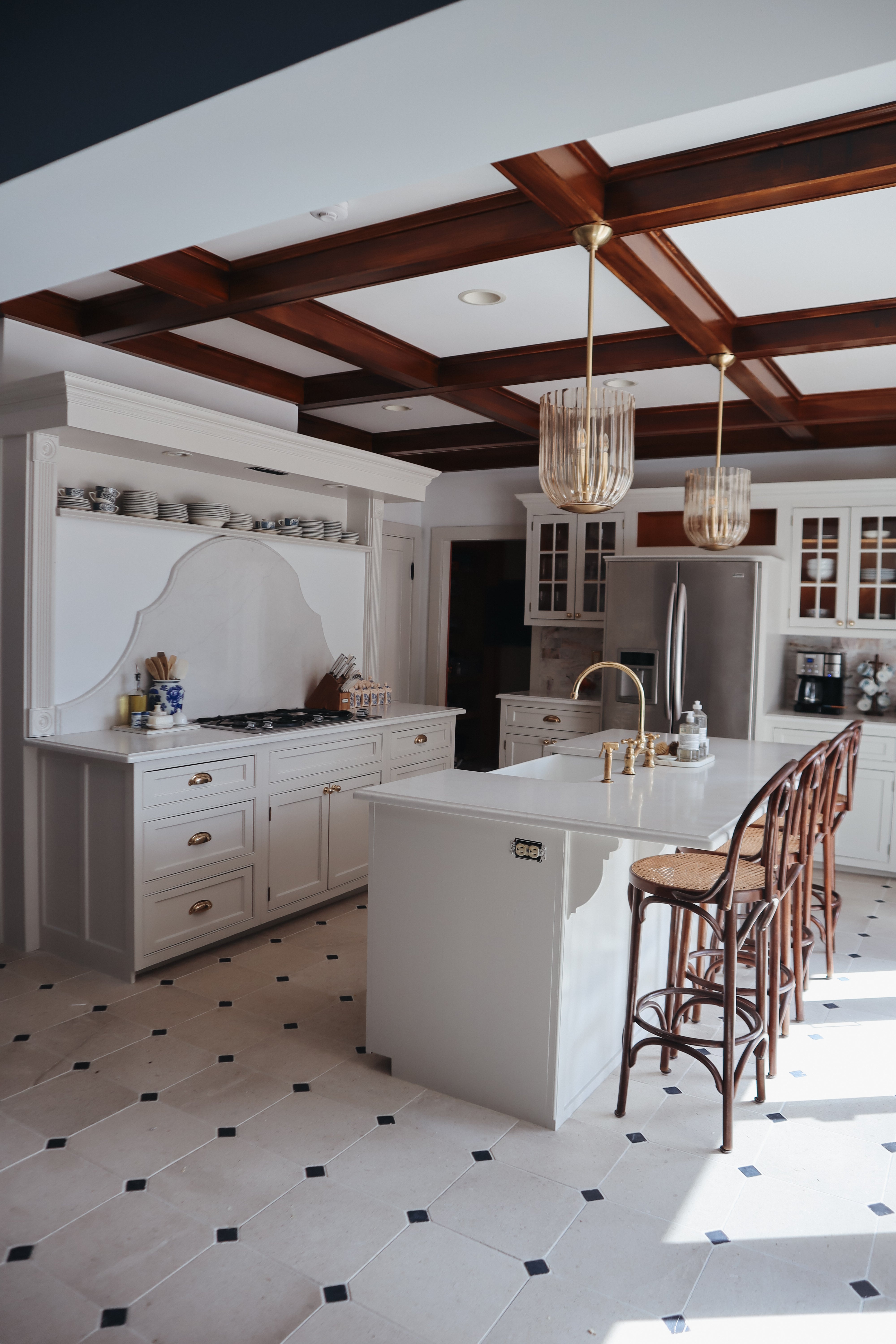 limestone octagon tile with black dot 