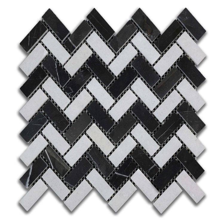 Nero St. Gabriel / Crystal White Mini Herringbone - Castelli Marble