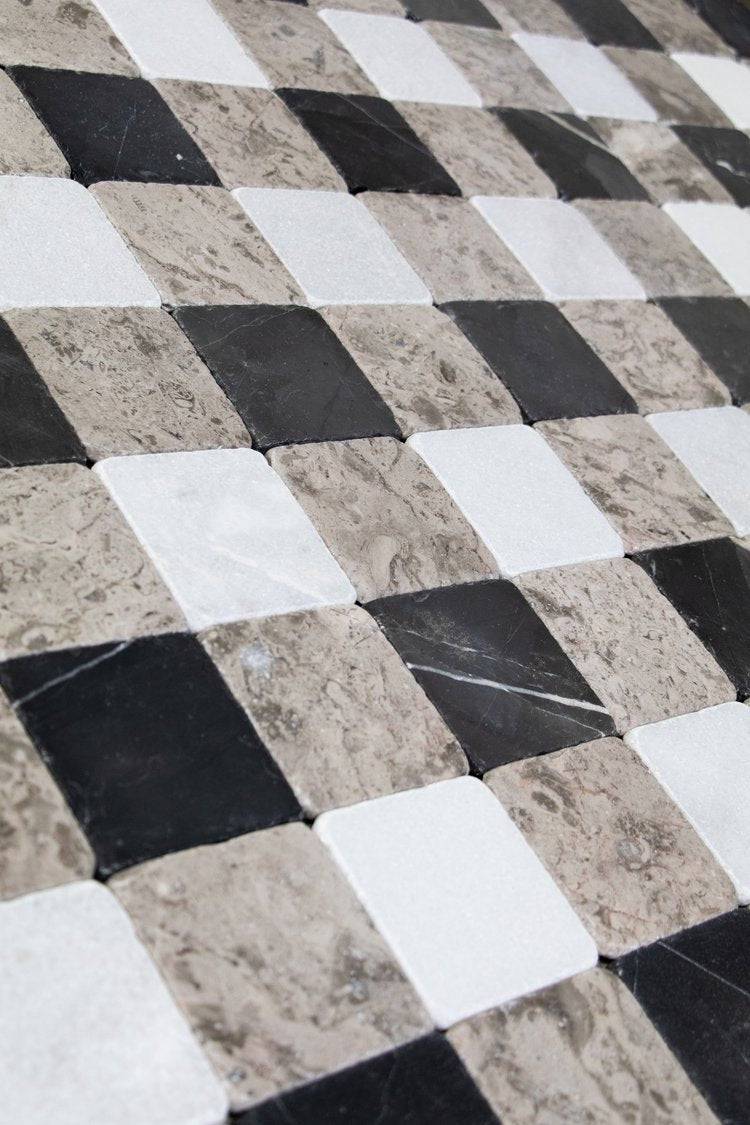 Flannel 4"x4" Sage Gray, Nero and White Marble Mosaic