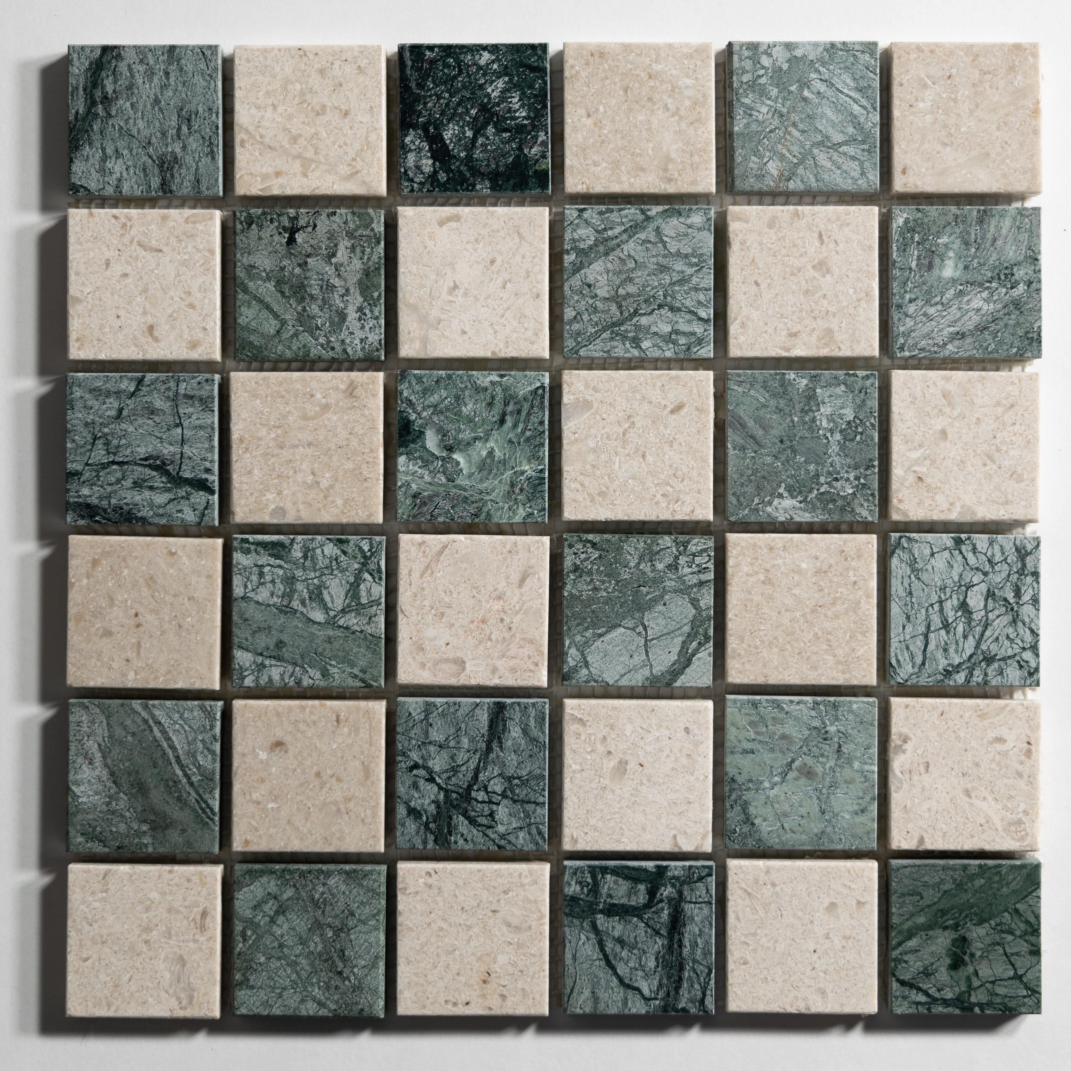 Sierra Limestone & Guatemala Green 2"x2" Mosaic - Castelli Marble